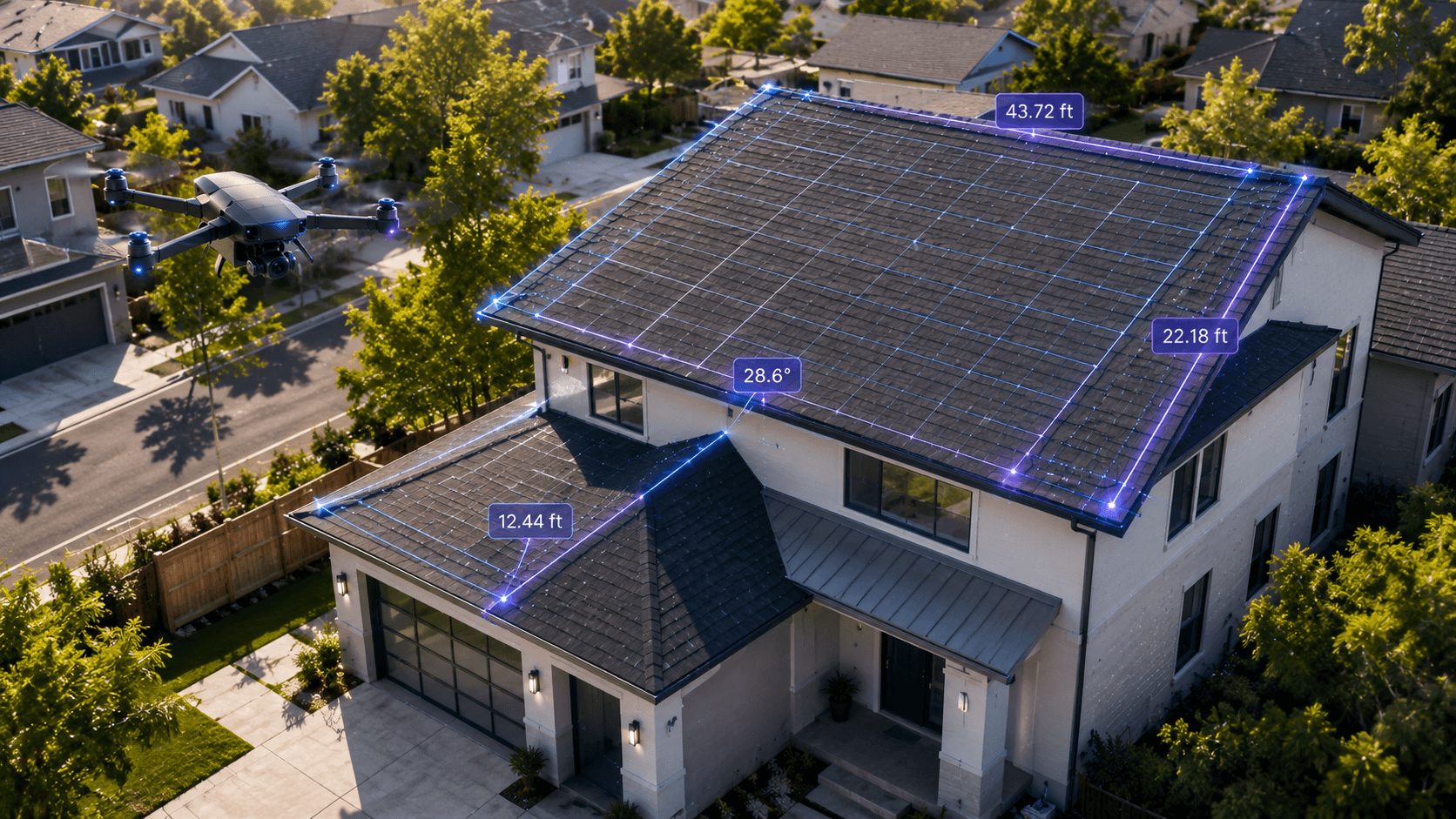 HOVER drone site survey with roof measurements and pitch overlays on a residential home