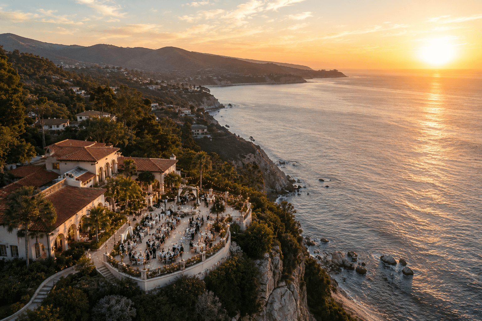 Cinematic aerial videography of a coastal city skyline at sunset